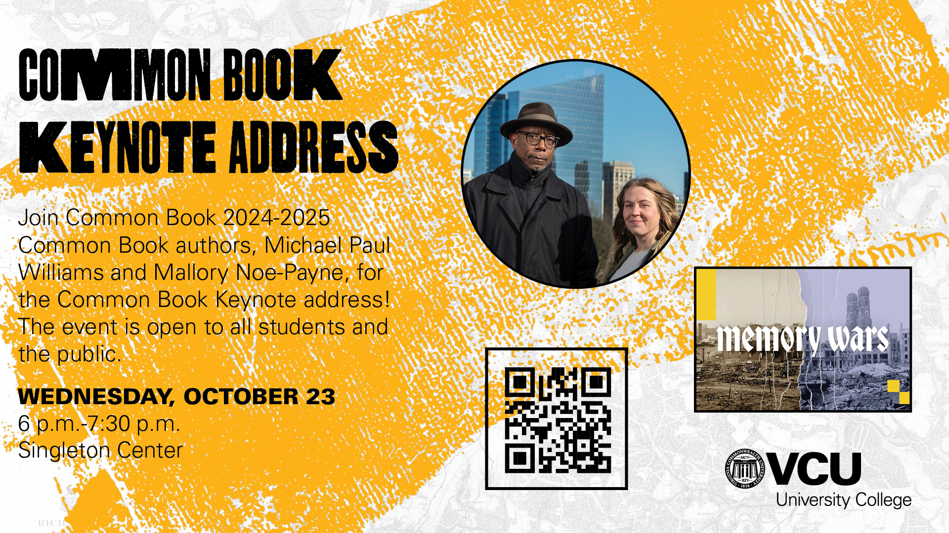 A promo grpahic for the Common Book keynote address on Oct 23 at the signleton center 922 park ave