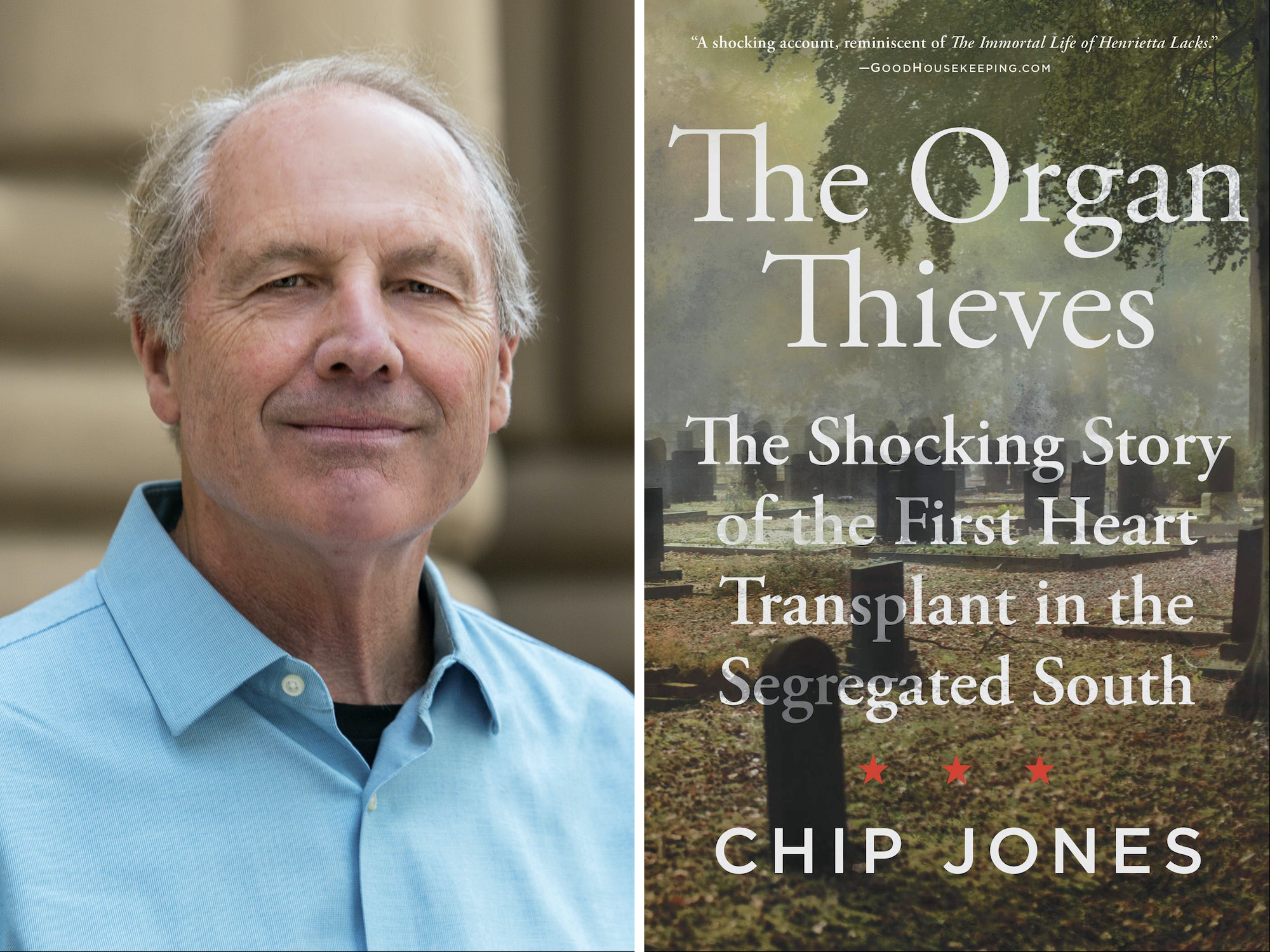 Chip Jones author photo and the cover of his book The Organ Thieves